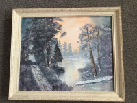 Original oil or acrylic painting framed winter forest and lake