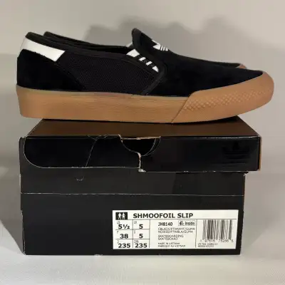 ADIDAS SHMOOFOIL BLACK SUEDE WHITE GUM SLIP-ON SHOES DAMAGED BOX, View more