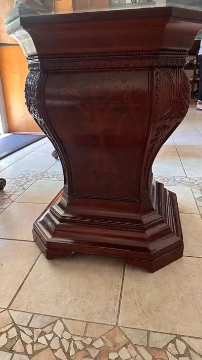 Round Glass Top Dining Table with Carved Wood Pedestal Base, View more