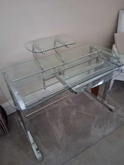 Glass with wood desk with monitor stand and keyboard tray, View more