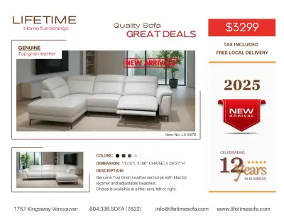 Item No. LH 5870 Limited Time Offer: NOW $3299 Tax Included & Free Local Delivery Colors Available:...