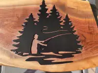 A Fly Fisherman - Metal on solid, thick dark Walnut - Live Edges