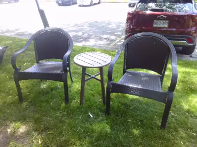 METAL TABLE AND 2 OUTDOOR CHAIRS ( WICKER ), View more