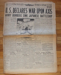 WWII 1941 Vintage Newspaper US Declares War Upon Axis