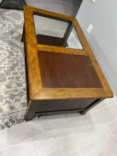 wooden coffee table with glass top , View more