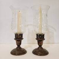 Antique silverplated candle holders with etched glass shades