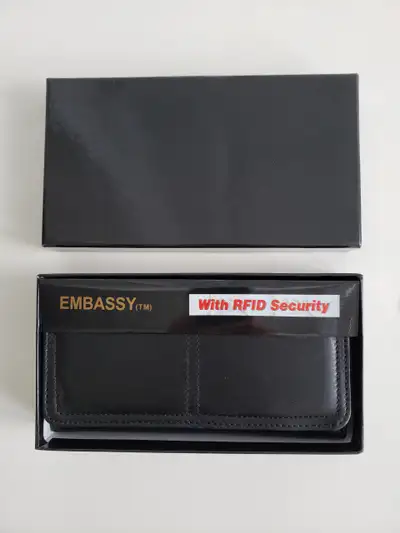 Ladies’ Embassy TM Genuine Leather with FRID security wallet Size : folded 7.5 x 4 inches Open : 7.5...