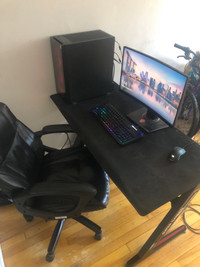 Desk, chair, gaming computer, keyboard, mouse, monitor