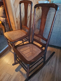 Antique cane and solid wood twin chair set