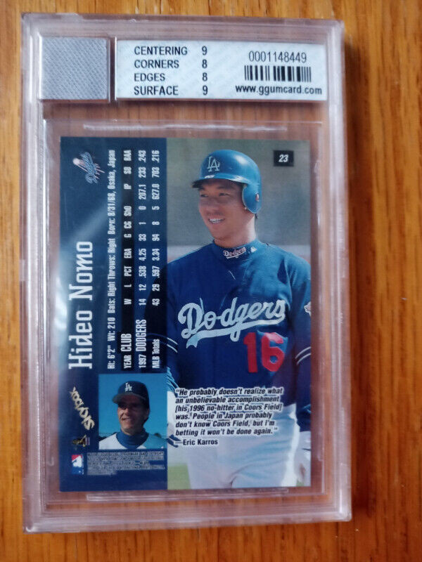 1998 Skybox Dugout Axcess Hideo Nomo #23 BGS 8 Game used jersey in Arts & Collectibles in St. Catharines - Image 3