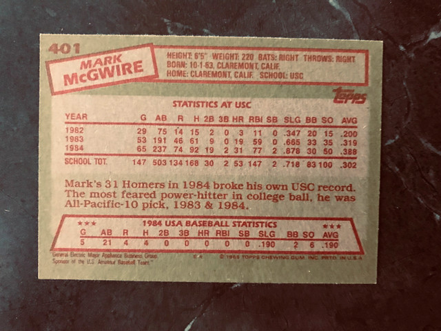 1985 Topps # 401 Mark McGwire Rookie Baseball Card in Arts & Collectibles in Woodstock - Image 2