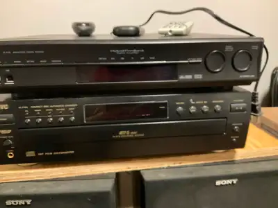 Two Sony speakers with stands CD player ..can play 5 cd’s AM /FM radio Surround sound speakers X 4 3...