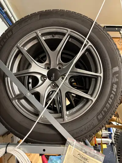 Rims are 17 x 8", 5x100 bolt pattern, 1" outward offset, 225/60R17, 7mm thread depth, centre bore 72...