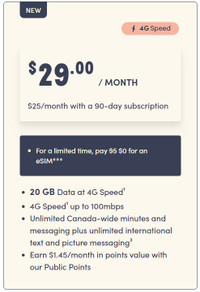 $25/month 20GB CHEAP cell phone plan unlimited canada wide 4G