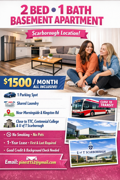 **2 Bed + 1 Bath Basement apartment– Scarborough (120 Kitchener Rd)** $1,500 All-Inclusive (gas, hyd...