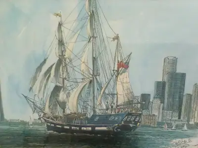 1984 Tall Ship Print Framed by Artist Ben Babelowsky Very Rare Great Britains Ship Marquies in front...