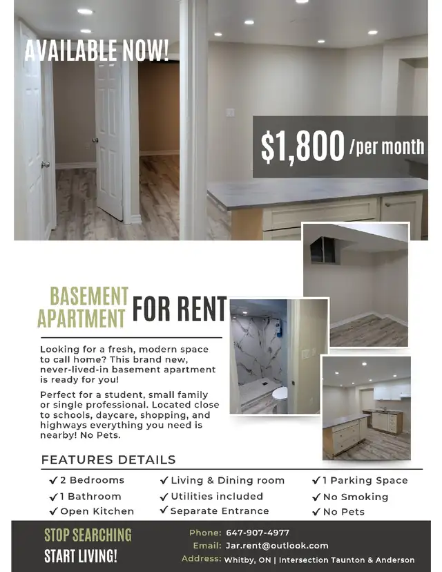 NEW! Modern 2-Bedroom Basement Apartment | Prime Location + Park in Long Term Rentals in Oshawa / Durham Region - Image 2
