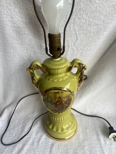 VINTAGE LAMP working and good condition green colour with gold accents and vintage picture as shown...