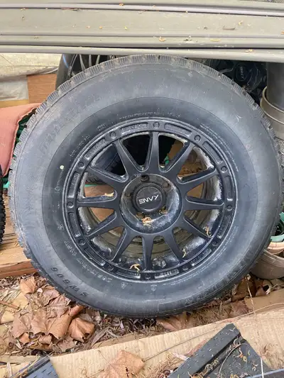Tires got %75 life left on them , 4 tires and rims , great shape,look great on a jeep or truck , $25...