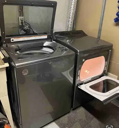 Whirlpool top loading washer and dryer set., View more