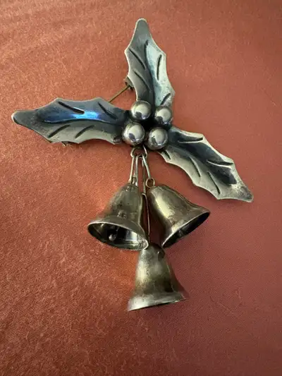 Vintage Sterling Silver Holly Bell Brooch, View more