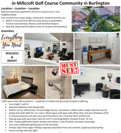 QUIET, FULLY FURNISHED BASEMENT APARTMENT