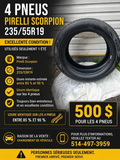 En excellente condition, utilisés seulement un été. ✅ Marque : Pirelli Scorpion ✅ Dimension : 235/55...