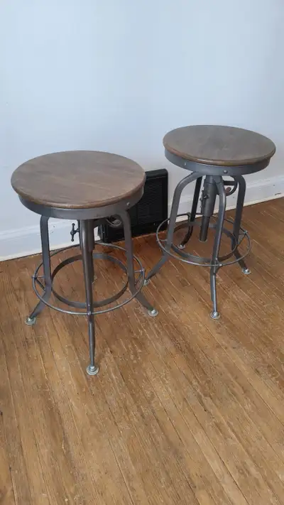 Pottery Barn Adjustable Cranking Swivel Metal and Wood Stools, View more