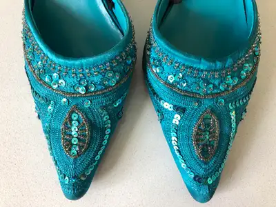 Beaded Sequined Satin Women’s Shoes (Mule)- Teal/Silver -Size 9, View more