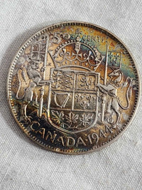 **1944 Rainbow Toned Canadian Silver 50 Cents Coin