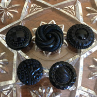 5 Vintage Black Fancy Plastic Buttons with Button Covers