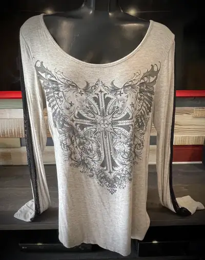 Angels & Diamonds • Heather Gray • Long Sleeve • Celtic Cross • Rhinestones and Lace Celtic Cross Em...