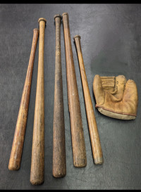 ANTIQUE VINTAGE RARE 2-Fingered Baseball Glove, 5 bats 