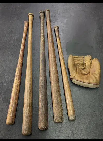 ANTIQUE VINTAGE RARE 2-Fingered Baseball Glove, 5 bats, View more