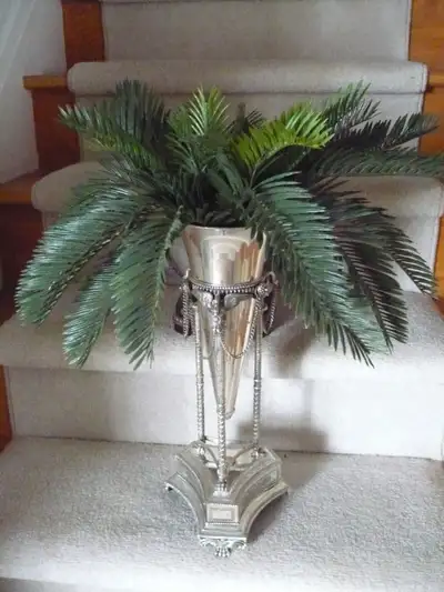 STUNNING SILVER PLANT STAND W/FAUX PALM STANDS  23 " H X 18"W, View more