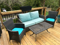 Patio Set- 4 Pcs- resin wicker-dark brown with teal cushions