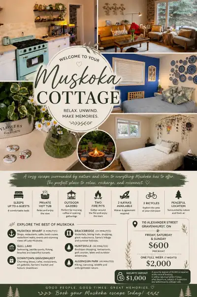 Escape to a cozy private cottage in Gravenhurst, Muskoka, surrounded by nature and close to Muskoka’...