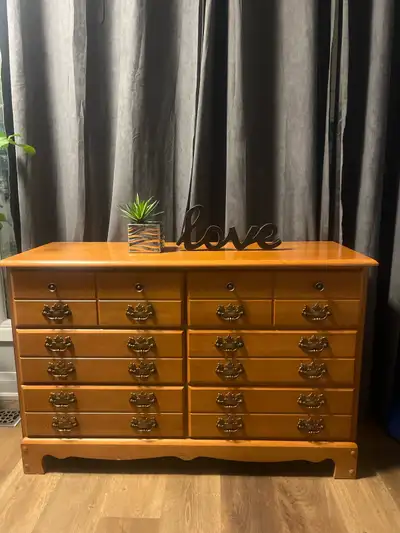 Vintage Wood Dresser (46”W) – Smooth Drawers, Brass Pulls, View more