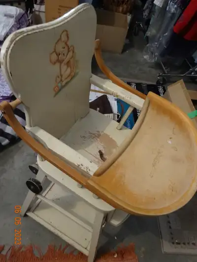 High Chair, all wood,vintage  early ,makes into play round too, View more