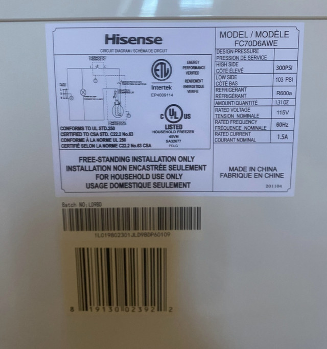 Congélateur Hisense dans Congélateurs  à Lanaudière - Image 3