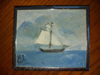 1982 small 5" by 6" oil on board painting of sail ship, signed J