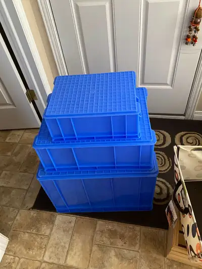 Barely used 3 blue coloured storage containers $25 for 3 Wooden crate $10 SOLD Large cloth storage b...