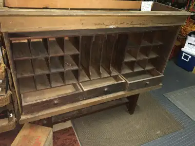 ANTIQUE POST OFFICE WOOD CABINET CUBBY HOLES SLOTS & 3 DRAWERS, View more