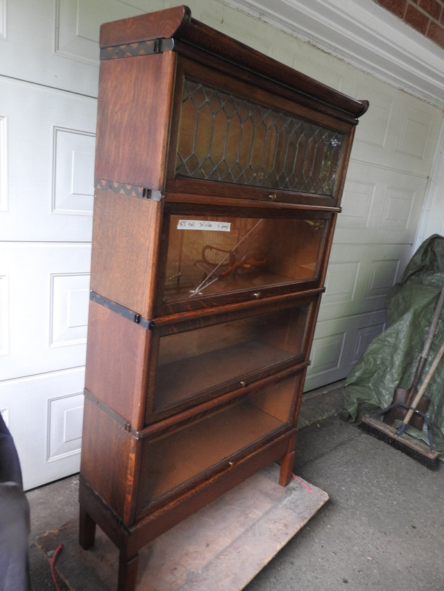 Antique Barrister Bookcase mission, 4 glass levels, one lead in Bookcases & Shelving Units in Hamilton