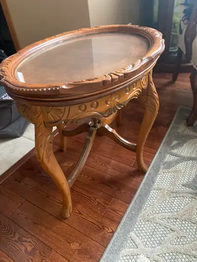 1930's Heavily Carved Wooden Table W/Glass Tray Removable Top, View more