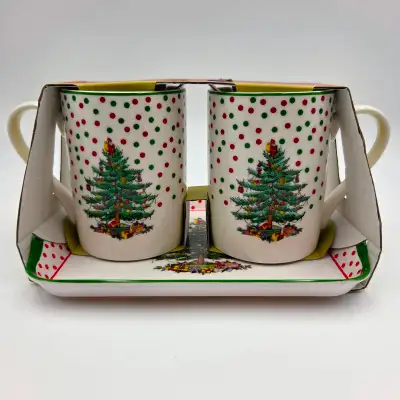 Spode Christmas Tree Polka Dot Mug Set With Tray NIB Read. You Have Great Taste! Pick Up Only In She...