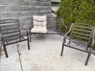 Patio love seat and two chairs, View more
