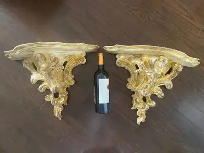PAIR OF MASSIVE CARVED WOOD WALL BRACKETS/SHELVES., View more