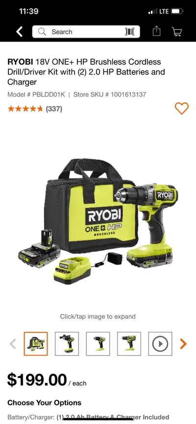 RYOBI 18V ONE+ HP Brushless Cordless Drill/Driver Kit with (2) 2, View more