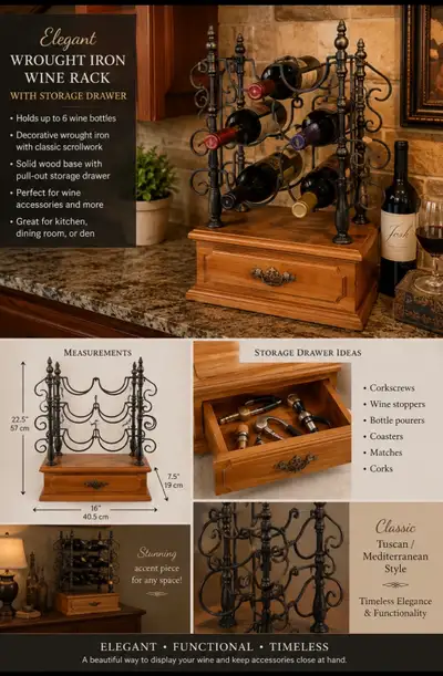 NWT Elegant Wrought Iron Wine Rack With Storage Drawer, View more